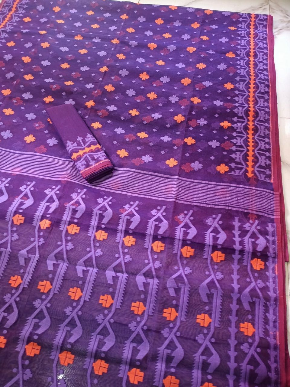 Purple Orange Dhakai Jamdani Cotton Silk Saree With Blouse Piece