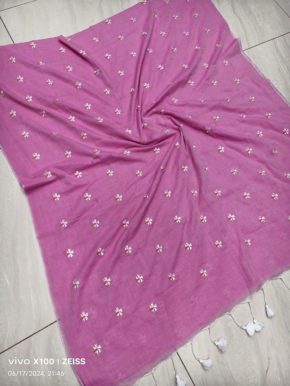 Rose Pink Mul Cotton Saree With Parijat Flower Embroidery