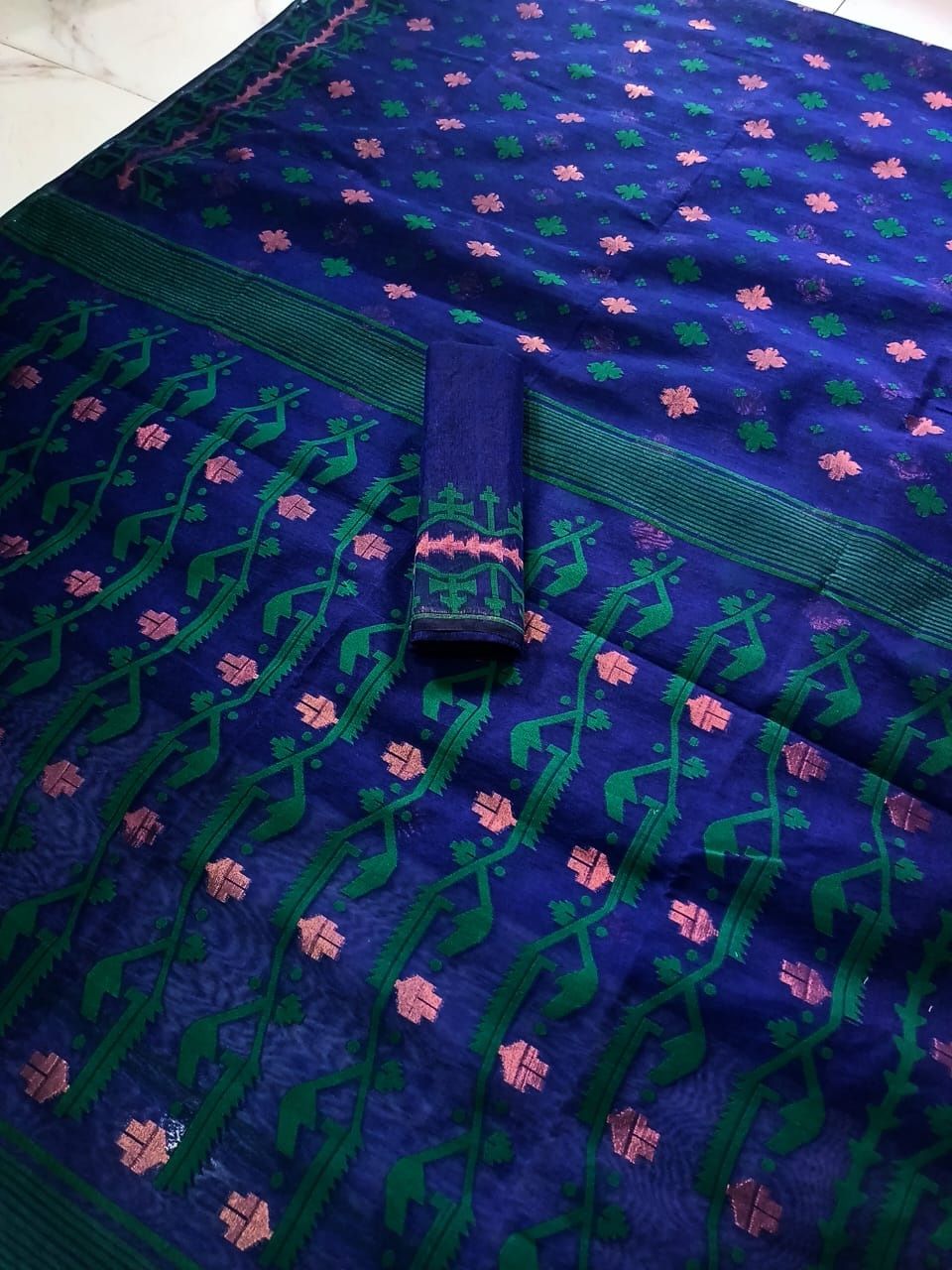 Royal Blue Dhakai Jamdani Cotton Silk Saree With Blouse Piece