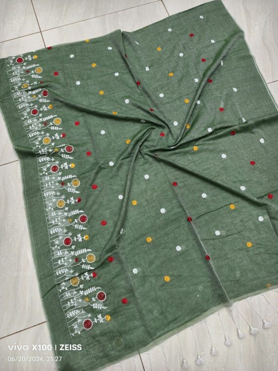 Sage Green Mul Cotton Embroidery Saree Without Blouse