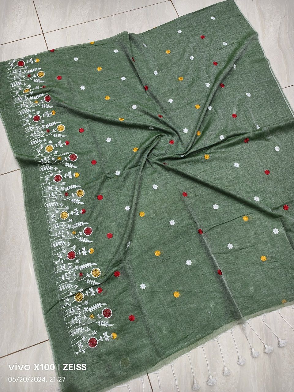 Sage Green Mul Cotton Embroidery Saree Without Blouse