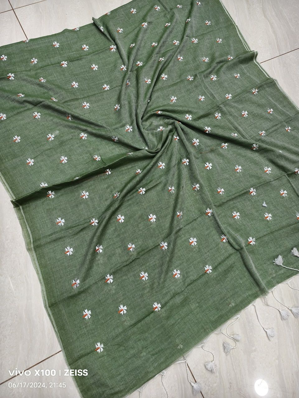 Sage Green Mul Cotton Saree With Parijat Flower Embroidery