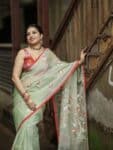 Sage Green Red Handwoven Premium Quality Tantuja Jamdani Resham By Resham Saree