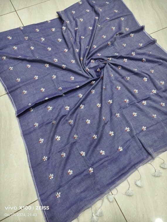 Slate Blue Mul Cotton Saree With Parijat Flower Embroidery