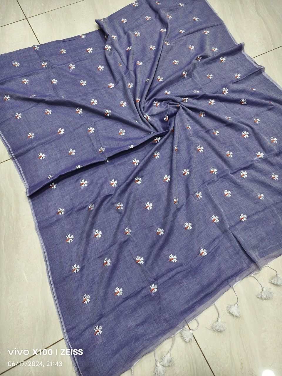 Slate Blue Mul Cotton Saree With Parijat Flower Embroidery