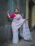 White Dhakai Jamdani Cotton Silk Saree With Blouse Piece