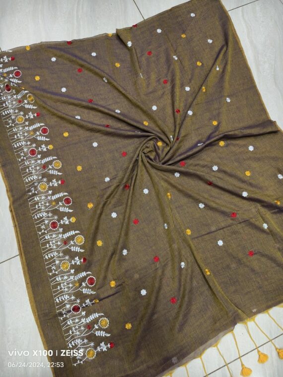 Yellow Black Dual Shade Mul Cotton Embroidery Saree Without Blouse