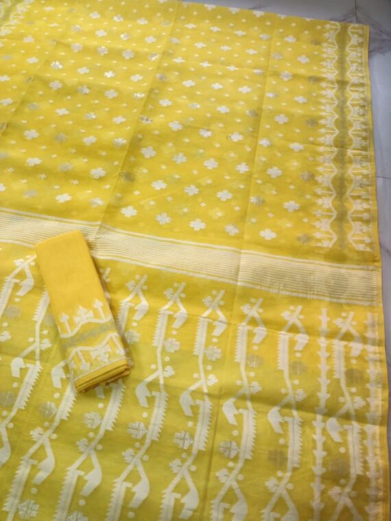 Yellow Dhakai Jamdani Cotton Silk Saree With Blouse Piece