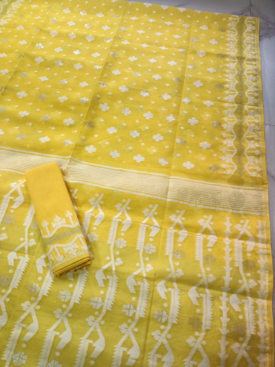 Yellow Dhakai Jamdani Cotton Silk Saree With Blouse Piece
