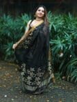 Awesome Black Handwoven Linen Jamdani Check Floral Design