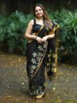 Awesome Black Handwoven Linen Jamdani Check Floral Design