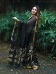 Awesome Black Handwoven Linen Jamdani Check Floral Design