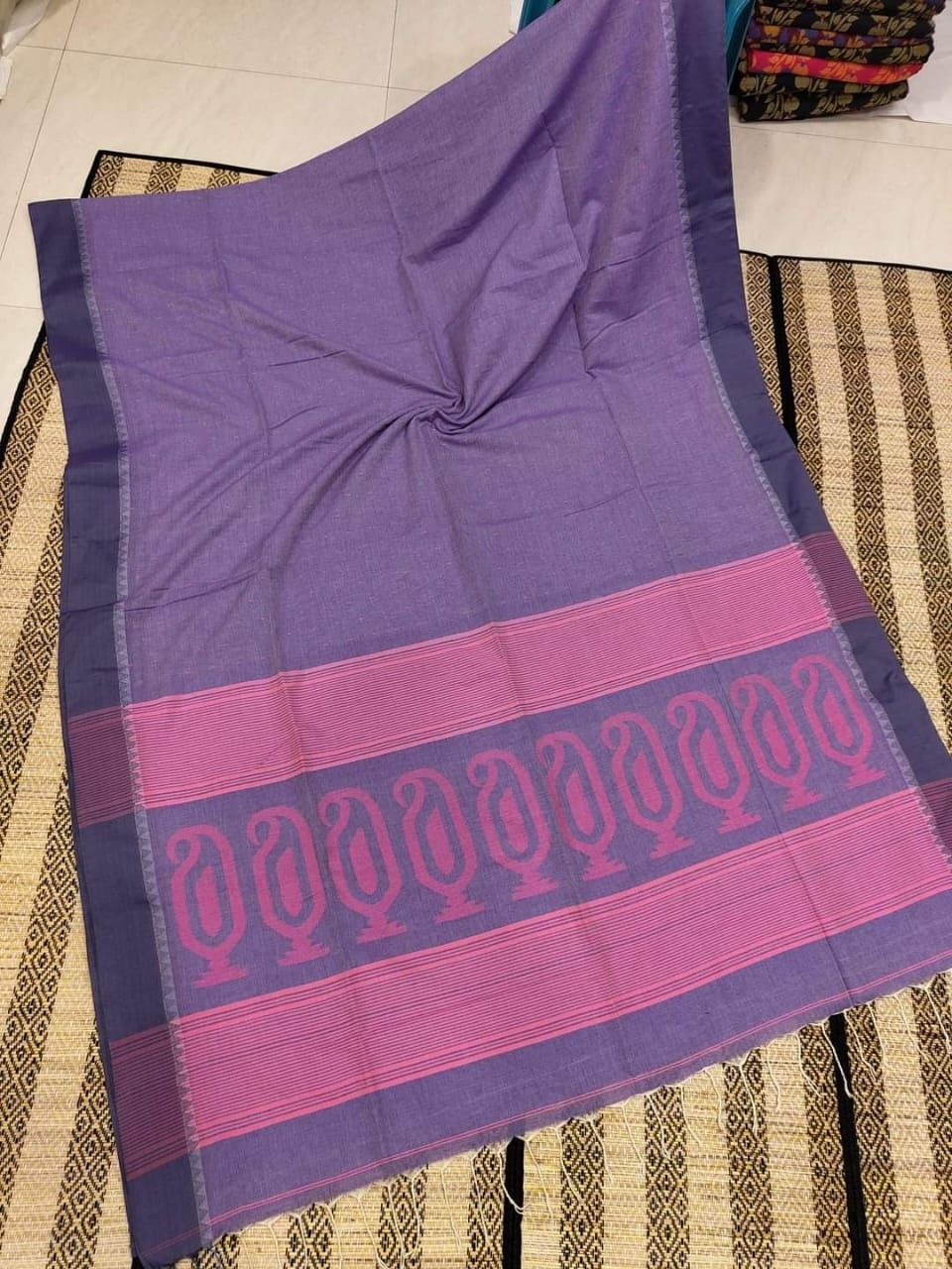 Purple Pink Cotton Jamdani Saree With Contrast Border