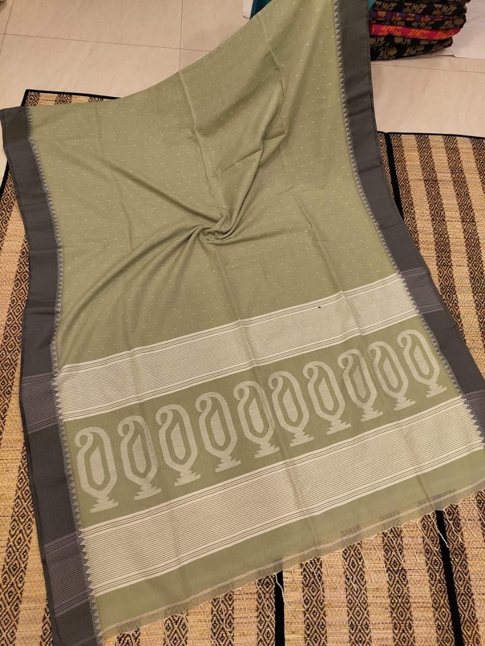 Sage Green Black Cotton Jamdani Saree With Contrast Border