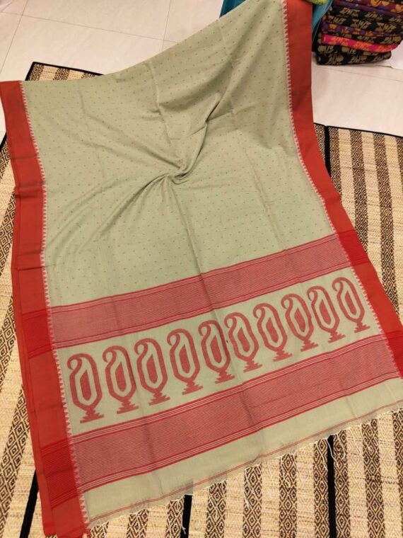 Sage Green Red Cotton Jamdani Saree With Contrast Border