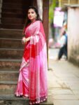 Awesome Pink Handwoven Check Linen Saree For All Occassion
