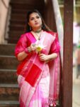 Awesome Pink Handwoven Check Linen Saree For All Occassion