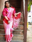 Awesome Pink Handwoven Check Linen Saree For All Occassion