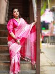 Awesome Pink Handwoven Check Linen Saree For All Occassion