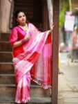 Awesome Pink Handwoven Check Linen Saree For All Occassion