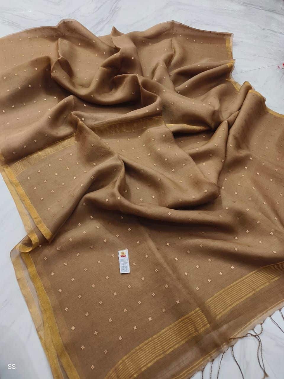 Beautiful Brown Glittering Handwoven Resham Muslin Silk Saree