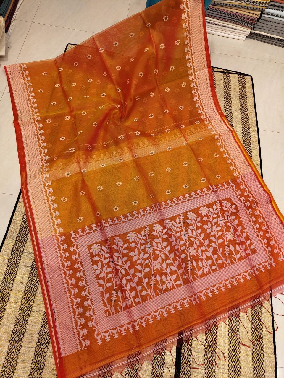 Beautiful Orange Muslin Silk Jamdani Handwoven Saree
