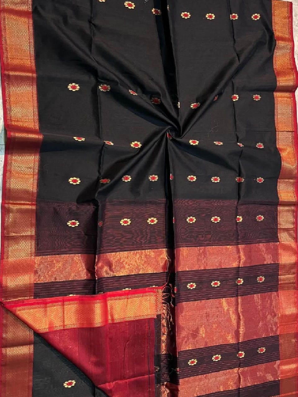 Black Red Silk Cotton Festive Saree With All Over Butti Weave