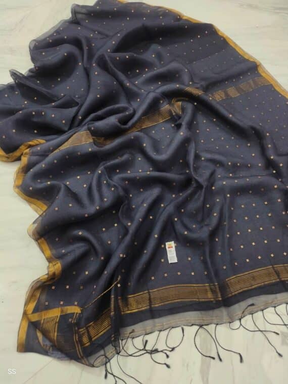Deep Grey Glittering Handwoven Resham Muslin Silk Saree