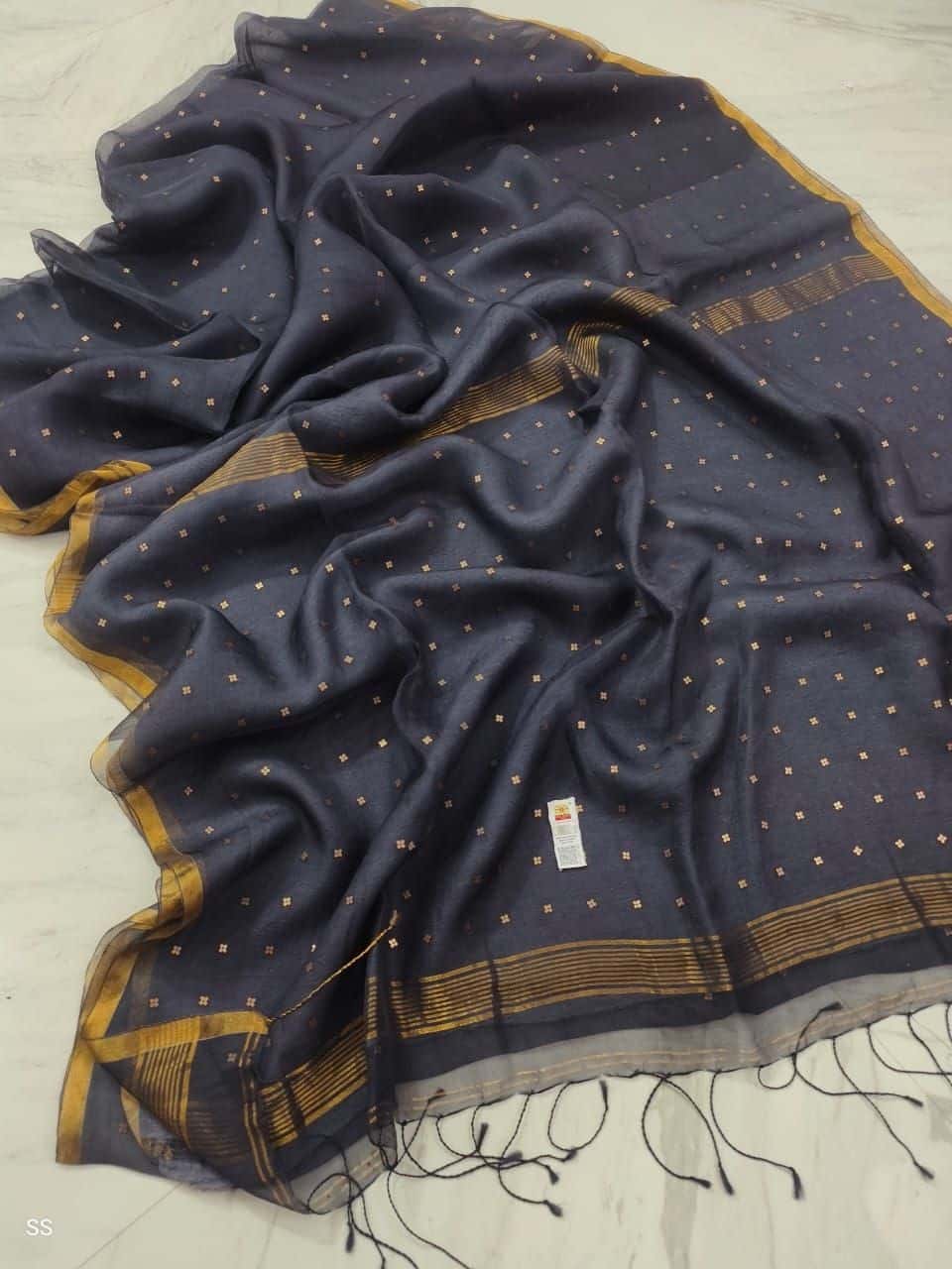 Deep Grey Glittering Handwoven Resham Muslin Silk Saree