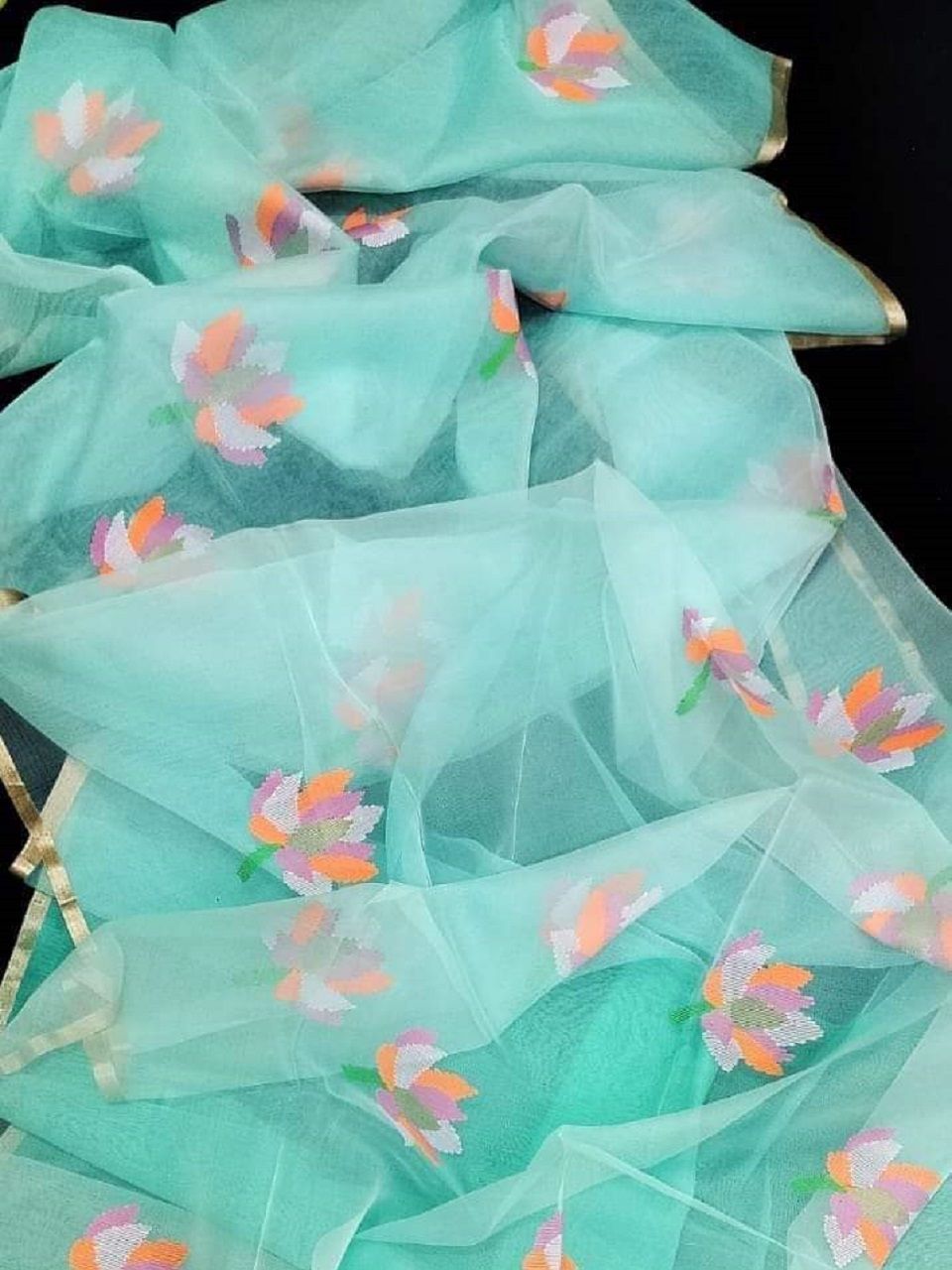 Dreamy Mint Blue Resham Jamdani Handwoven Saree With Lotus Design