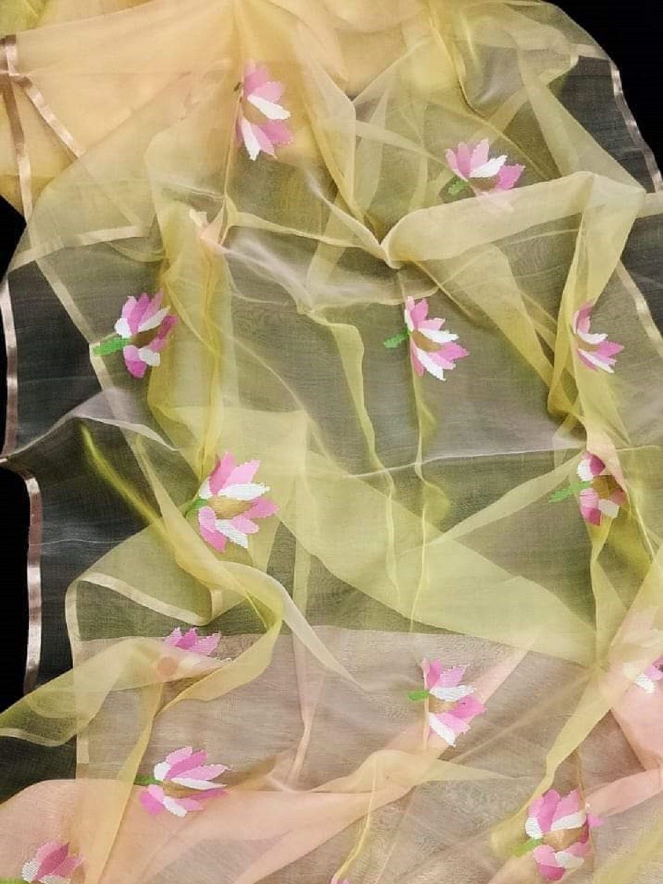 Elegant Yellow Resham Jamdani Handwoven Saree With Lotus Design
