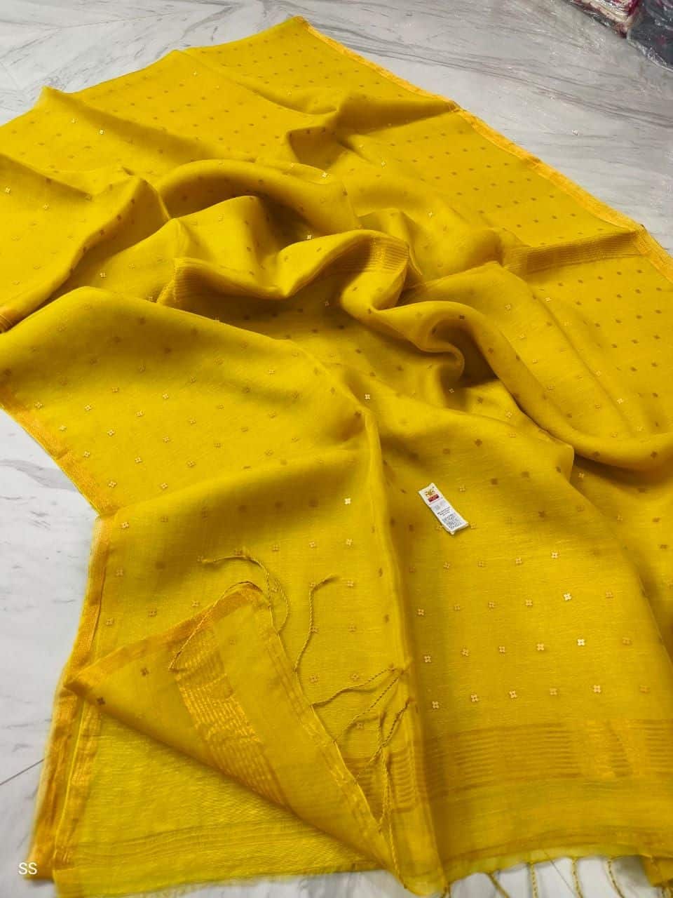Enchanting Yellow Glittering Handwoven Resham Muslin Silk Saree