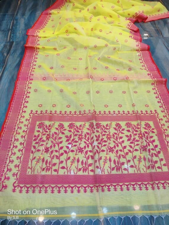 Lovely Lemon Green Muslin Silk Jamdani Handwoven Saree