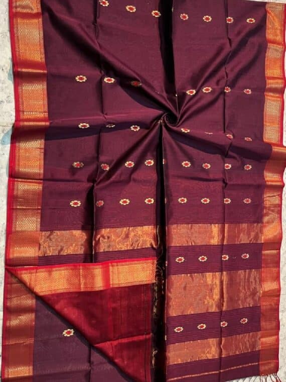 Maroon Red Silk Cotton Festive Saree With All Over Butti Weave