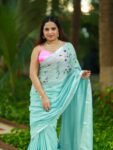 Ocean Green Floral Hand Embroidery Cotton Saree With Silver Border