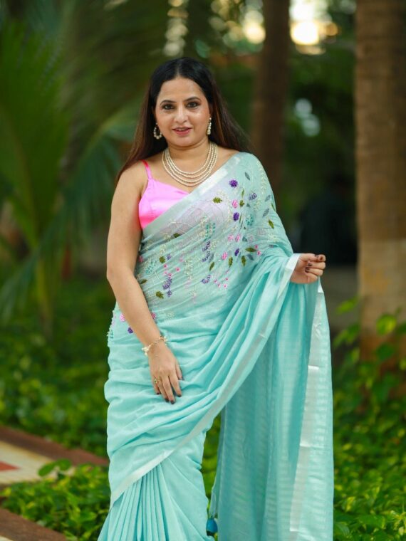 Ocean Green Floral Hand Embroidery Cotton Saree With Silver Border