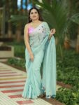 Ocean Green Floral Hand Embroidery Cotton Saree With Silver Border