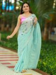 Ocean Green Floral Hand Embroidery Cotton Saree With Silver Border