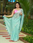 Ocean Green Floral Hand Embroidery Cotton Saree With Silver Border