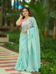 Ocean Green Floral Hand Embroidery Cotton Saree With Silver Border