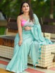 Ocean Green Floral Hand Embroidery Cotton Saree With Silver Border
