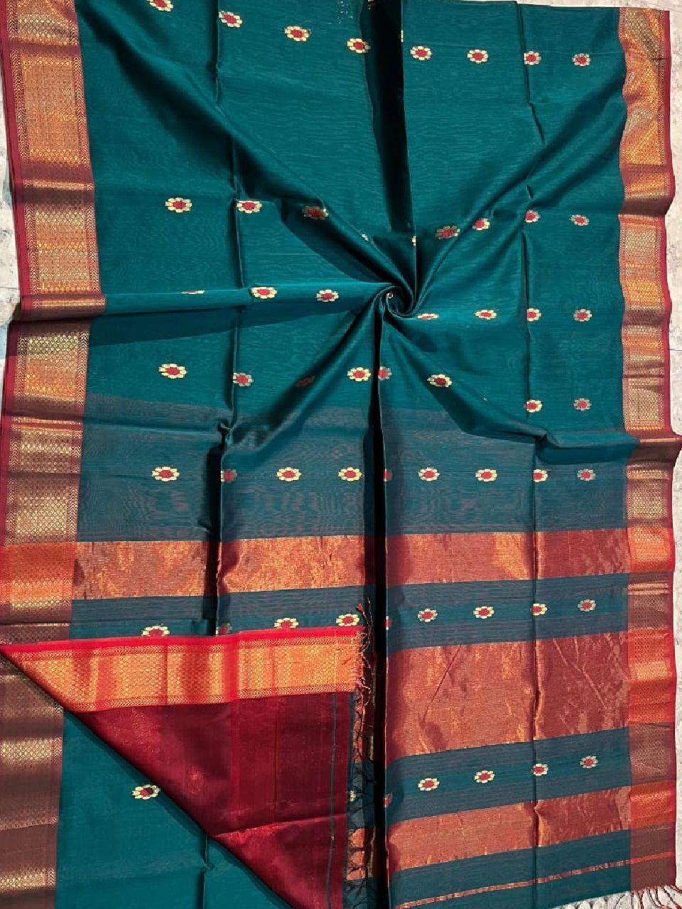 Peacock Blue Red Silk Cotton Festive Saree With All Over Butti Weave