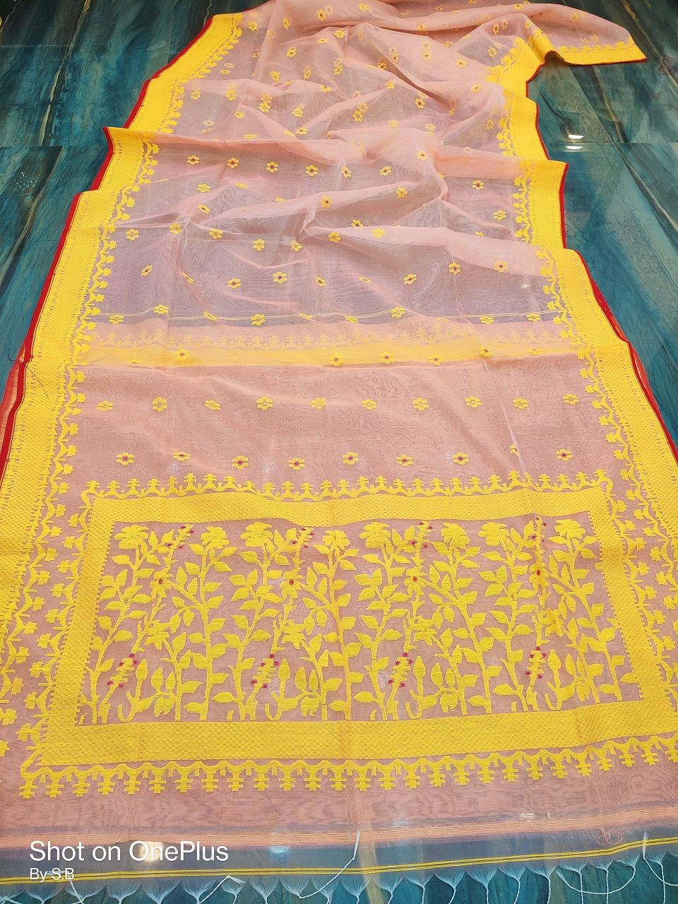 Pretty Peach Pink Muslin Silk Jamdani Handwoven Saree