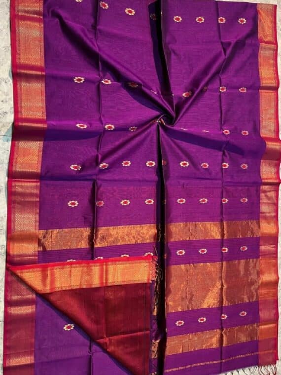 Purple Red Silk Cotton Festive Saree With All Over Butti Weave