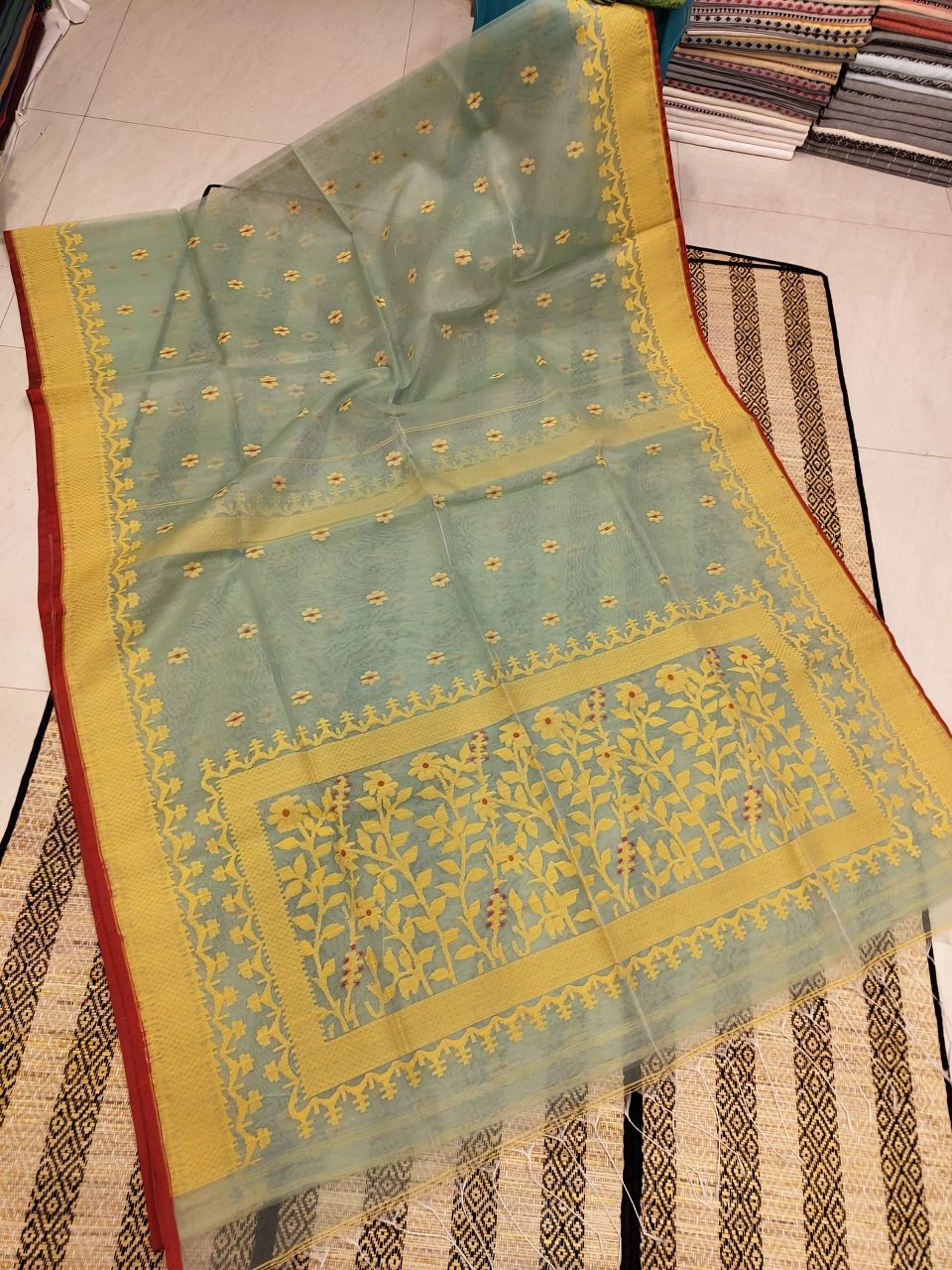 Sage Green Muslin Silk Jamdani Handwoven Saree