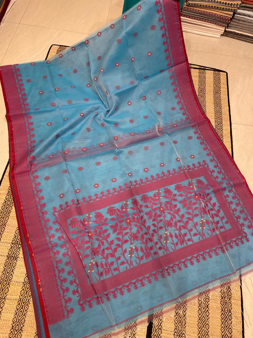 Sky Blue Muslin Silk Jamdani Handwoven Saree