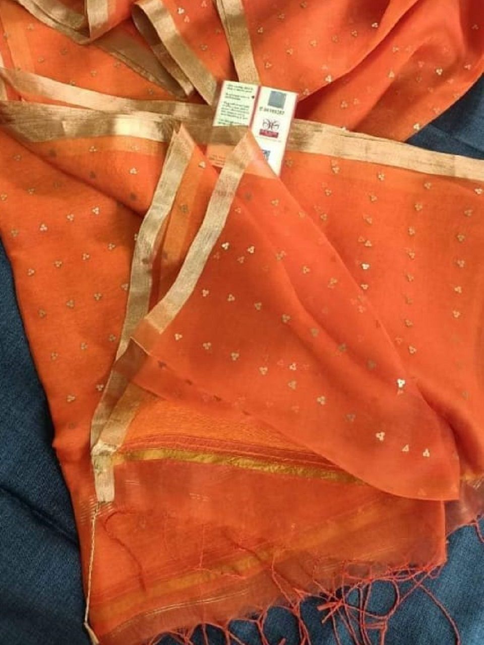 Splendid Orange Glittering Handwoven Resham Muslin Silk Saree