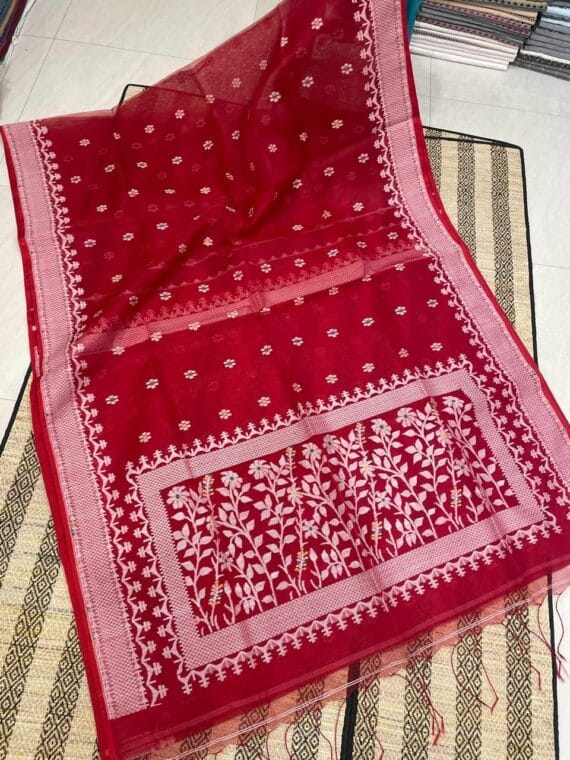 Stunning Red Muslin Silk Jamdani Handwoven Saree