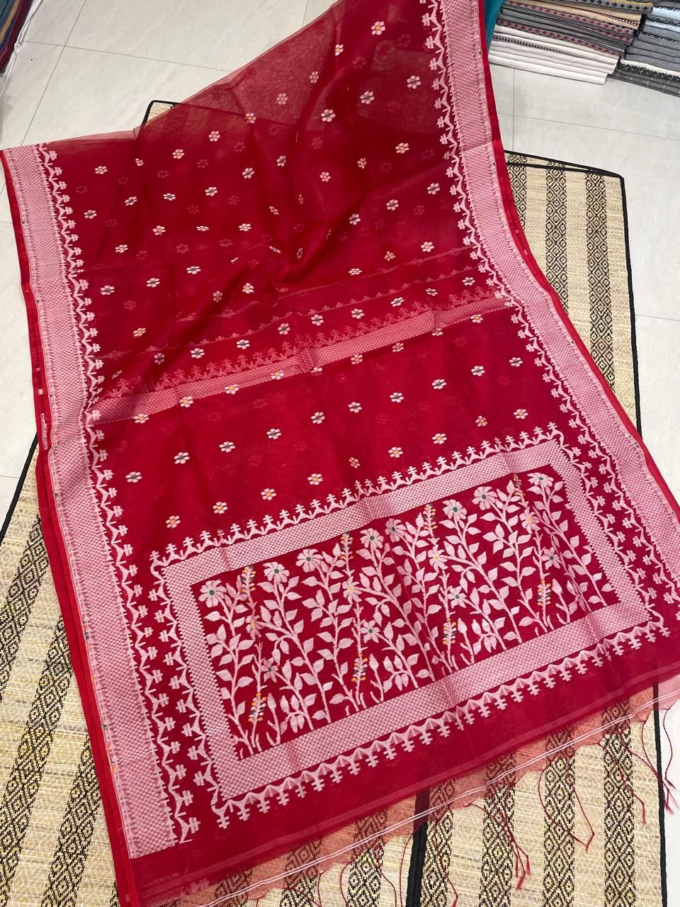 Stunning Red Muslin Silk Jamdani Handwoven Saree