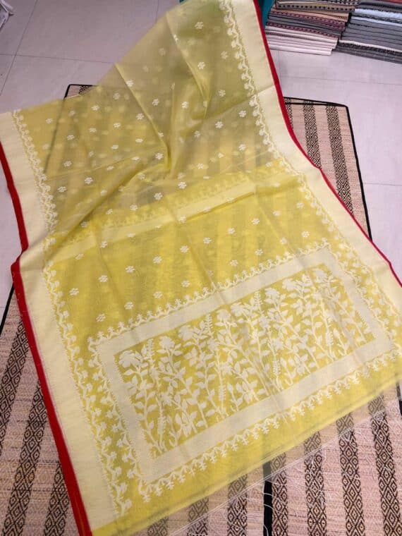 Subtle Yellow Muslin Silk Jamdani Handwoven Saree